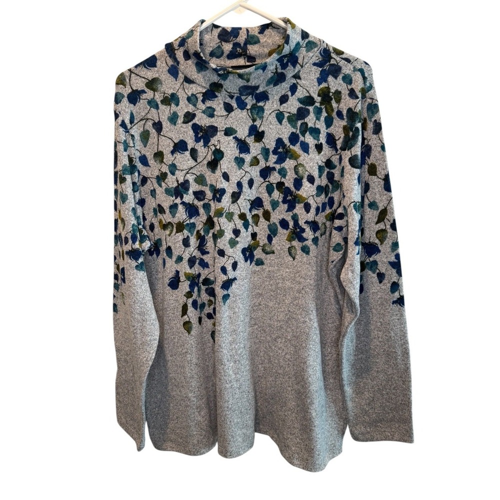 Susan Graver Womens Gray Leaf Print Mock Neck Long Sleeve Liquid Knit Top 1X NEW